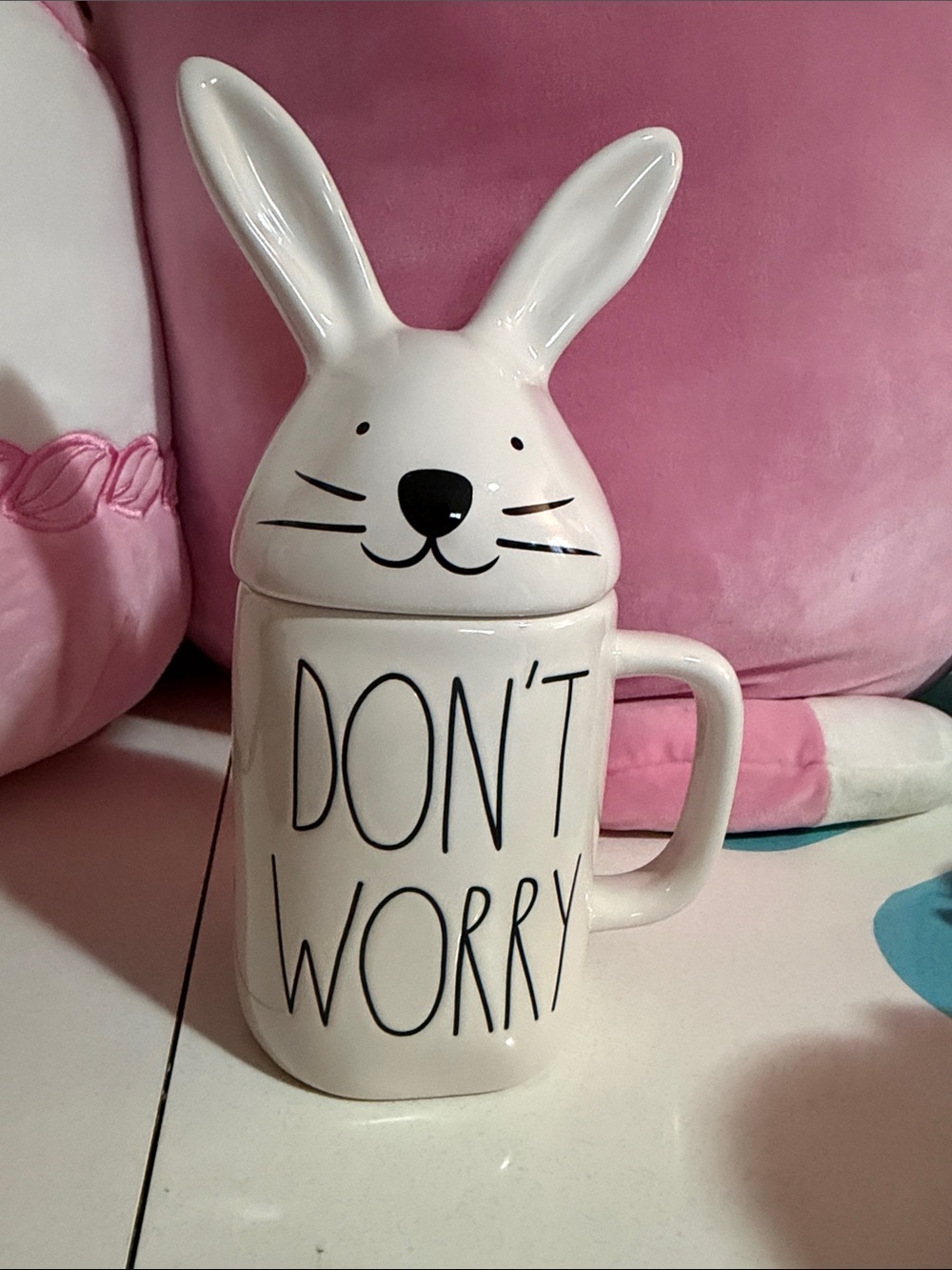 Rae Dunn White Bunny Mug with Lid - Don’t worry be hoppy